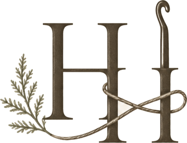 Hunter Hollow monogram — two H's entwined with yarn and a crochet hook